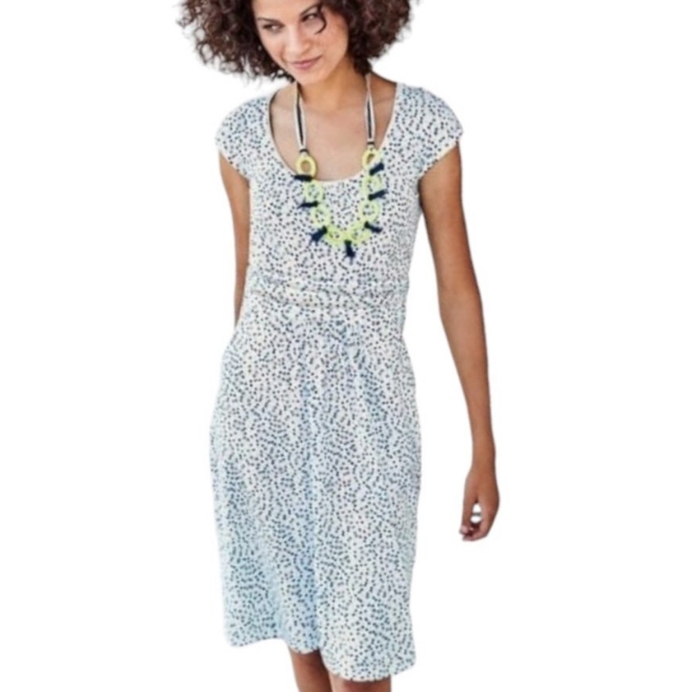 Boden White and Navy Printed Cap-Sleeve Tie-Waist Dress